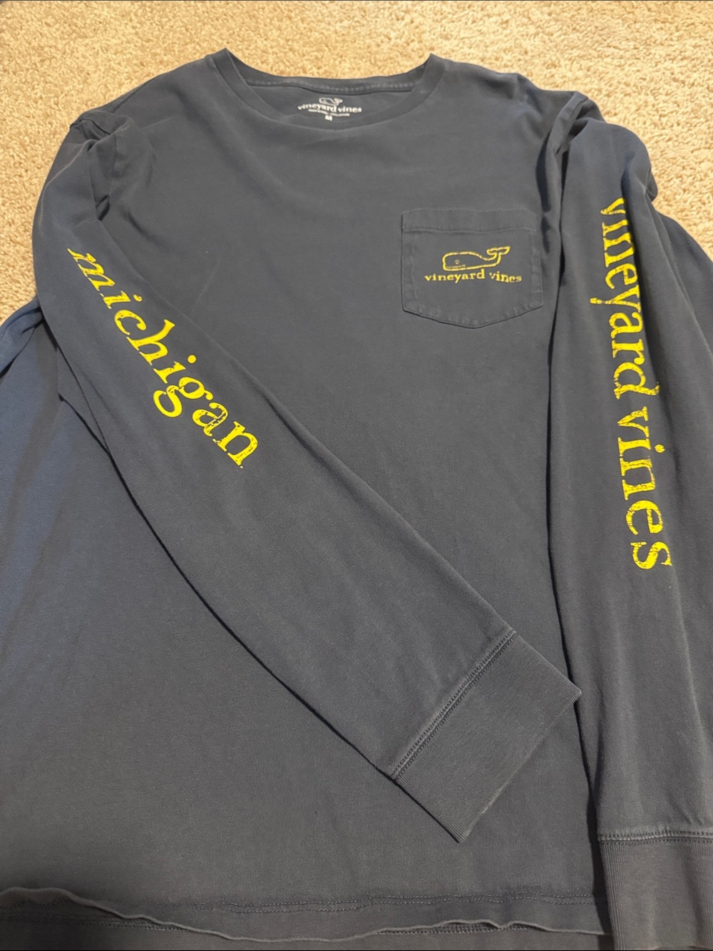 Vineyard Vines Michigan Navy Long-Sleeve Pocket Tee with Yellow Sleeve Script